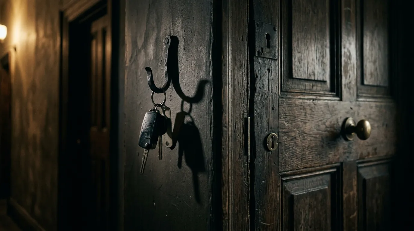 A single set of car keys hanging on a solitary metal hook next to a wooden front door, casting long shadows
