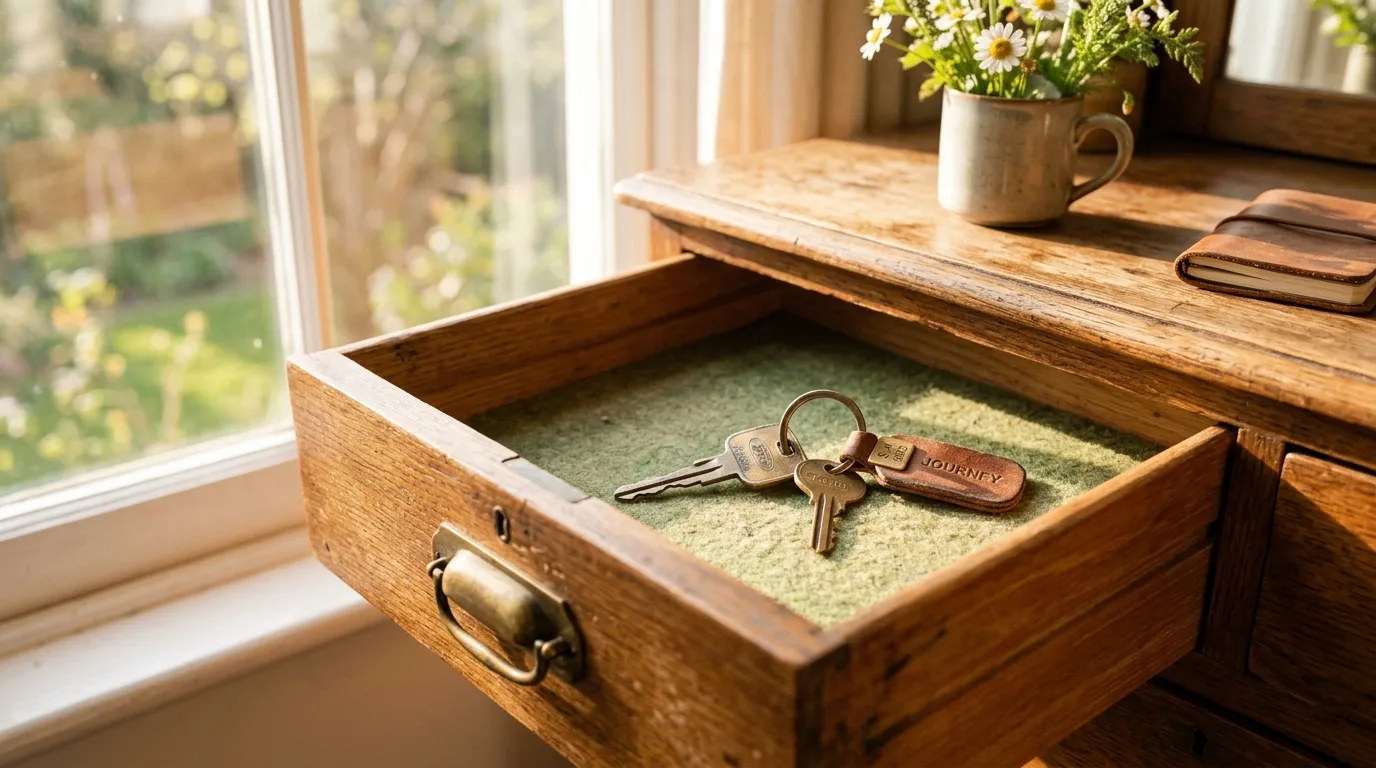 An old, single set of car keys resting peacefully in an open wooden drawer in a sunlit room