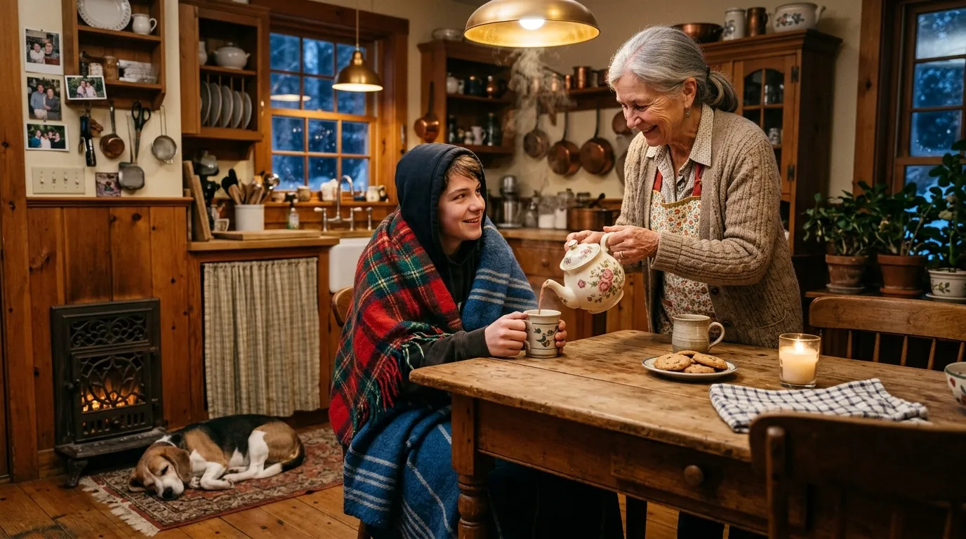 Elderly woman pouring hot cocoa for a blanket-wrapped teenager while a beagle sleeps nearby