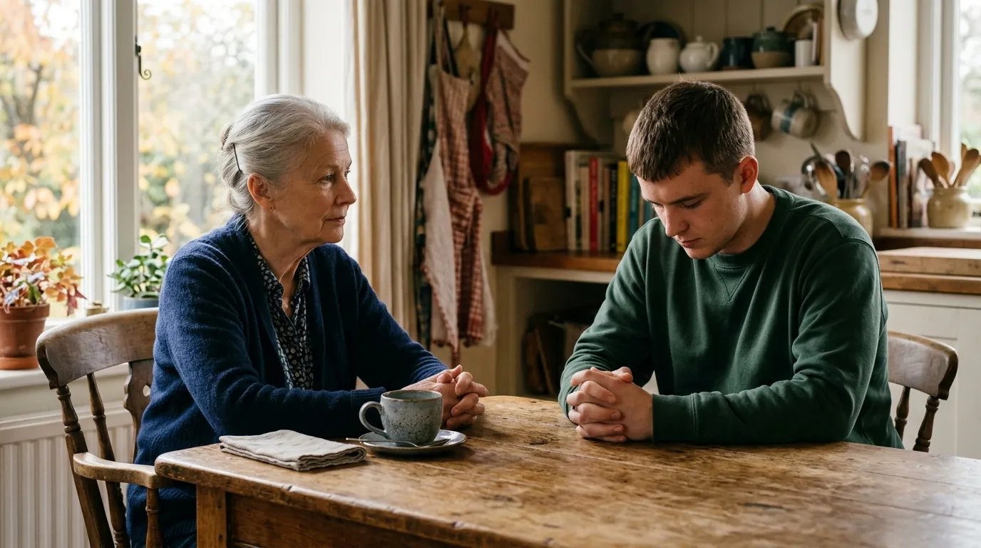 Elderly woman and young man sitting at an oak kitchen table talking earnestly