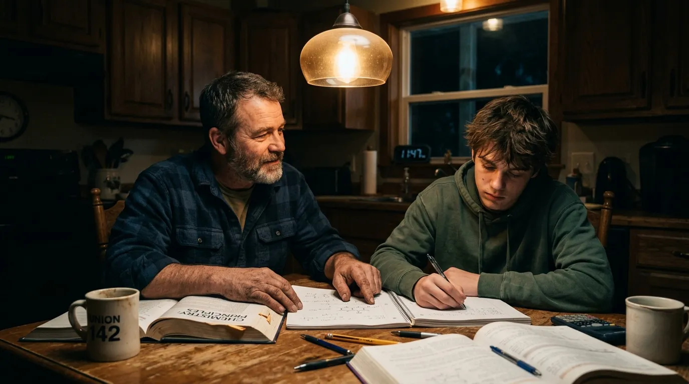 Stepfather patiently helping a teenage boy study late at night at the kitchen table