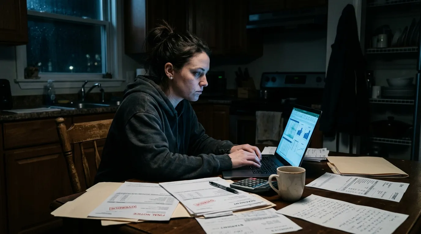 A young woman sitting alone at a kitchen table in the dark, illuminated by a laptop screen