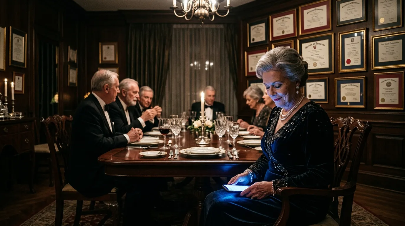 A wealthy older woman secretly looking at her smartphone under a formal dining table