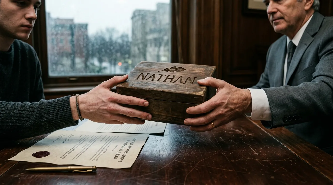The attorney passing an inscribed wooden box across a dark desk to Nathan