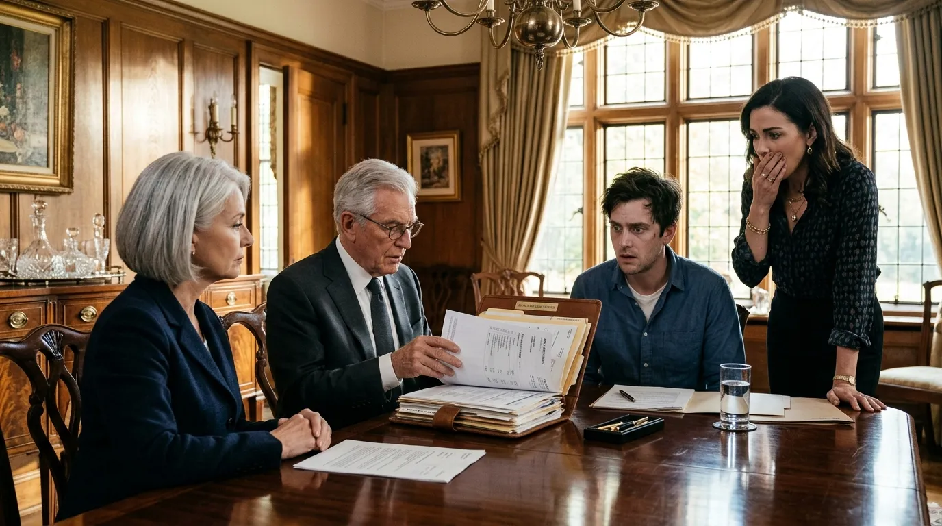 Estate attorney presenting official legal eviction documents and forensic audit to a stunned young couple