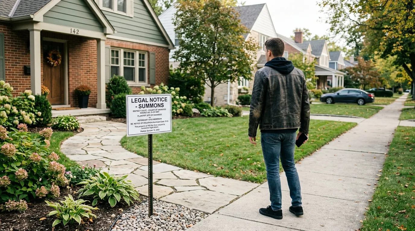 Professional legal notice on a suburban lawn with young man looking at it in the background