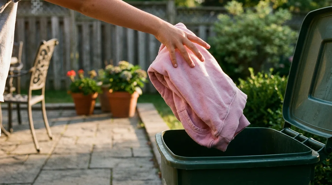 A young girl letting go of a pink hoodie into an outdoor trash container