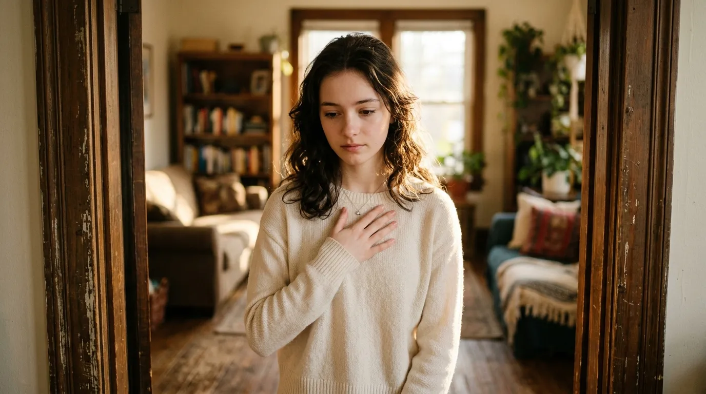 Lily, an eighteen-year-old girl with gentle brown eyes, standing in a doorway with her hand resting over her heart.