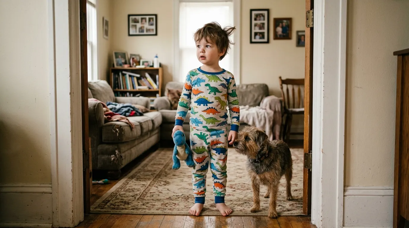 A three-year-old boy in dinosaur pajamas standing in a doorway with a scruffy dog.
