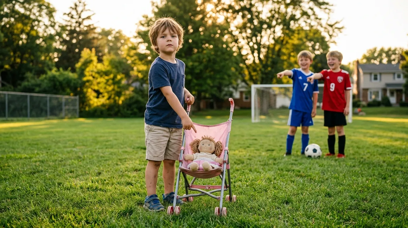 Young boy standing proudly with his pink toy stroller while neighborhood kids watch at a sunny park