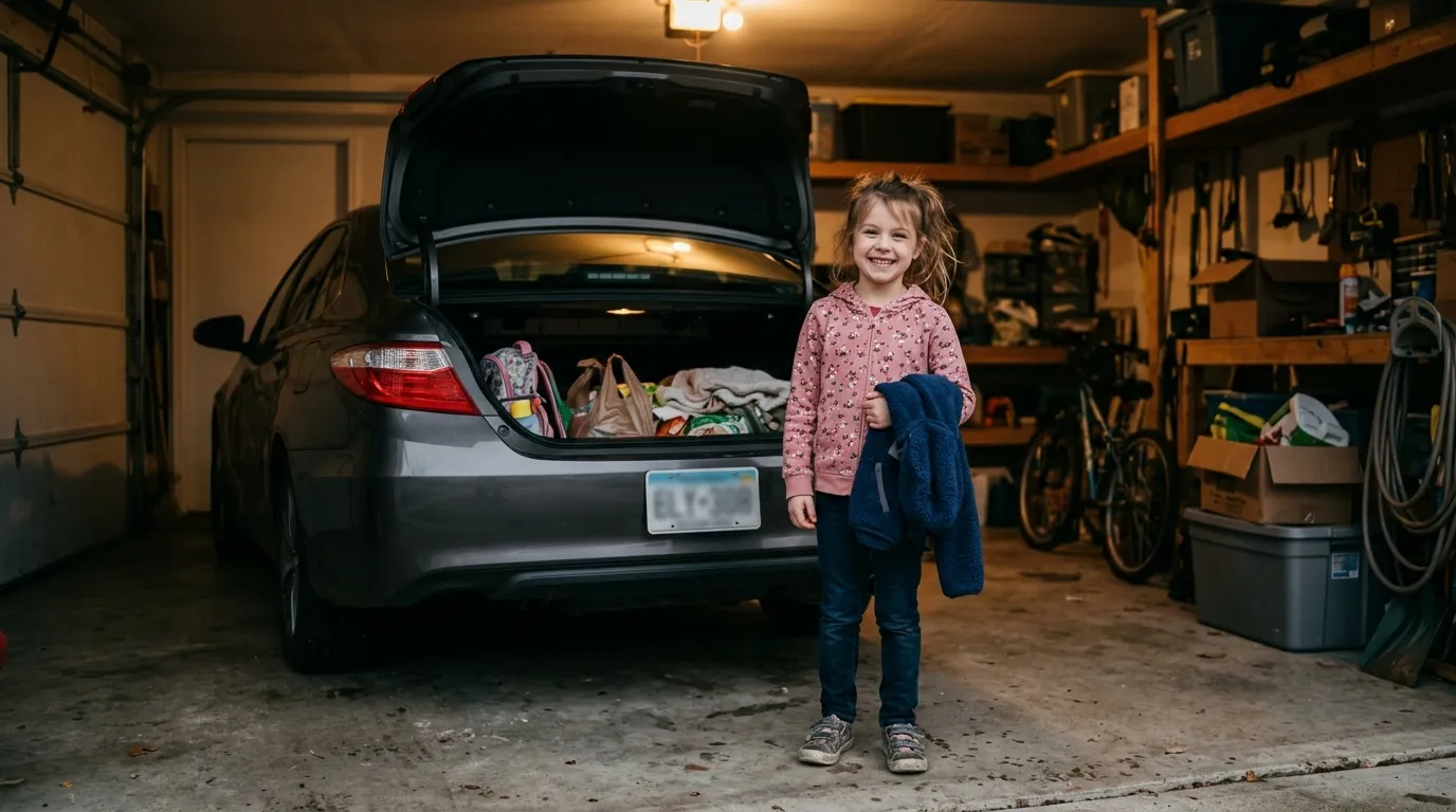 A cheerful 7-year-old girl getting her jacket from the garage