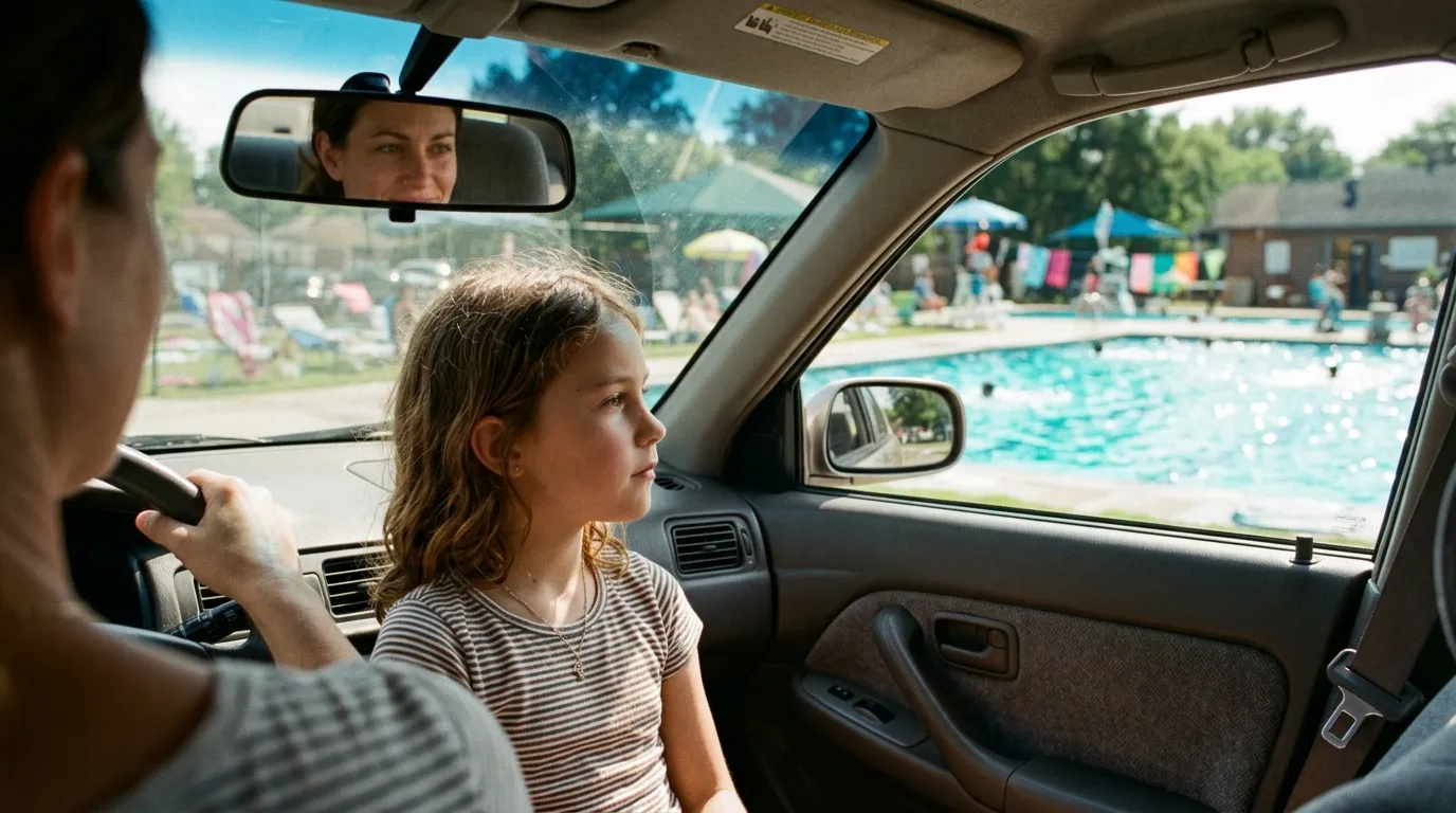 An eight-year-old girl in the backseat of a car looking out the window toward a sparkling community pool