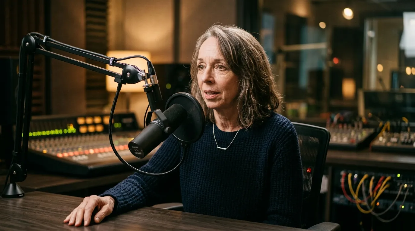 Mackenzie Phillips reflecting thoughtfully on her television career during an interview