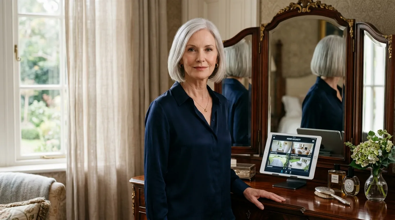 Dignified mature woman with a chic silver bob looking into a vanity mirror with calm resolve