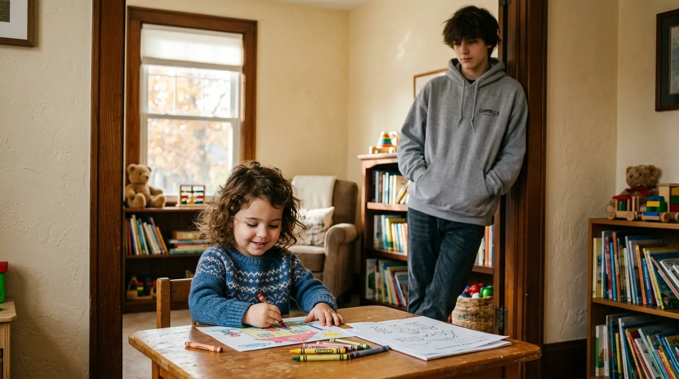 Four-year-old Josie coloring at a low wooden table while her sixteen-year-old brother Jace stands quietly nearby