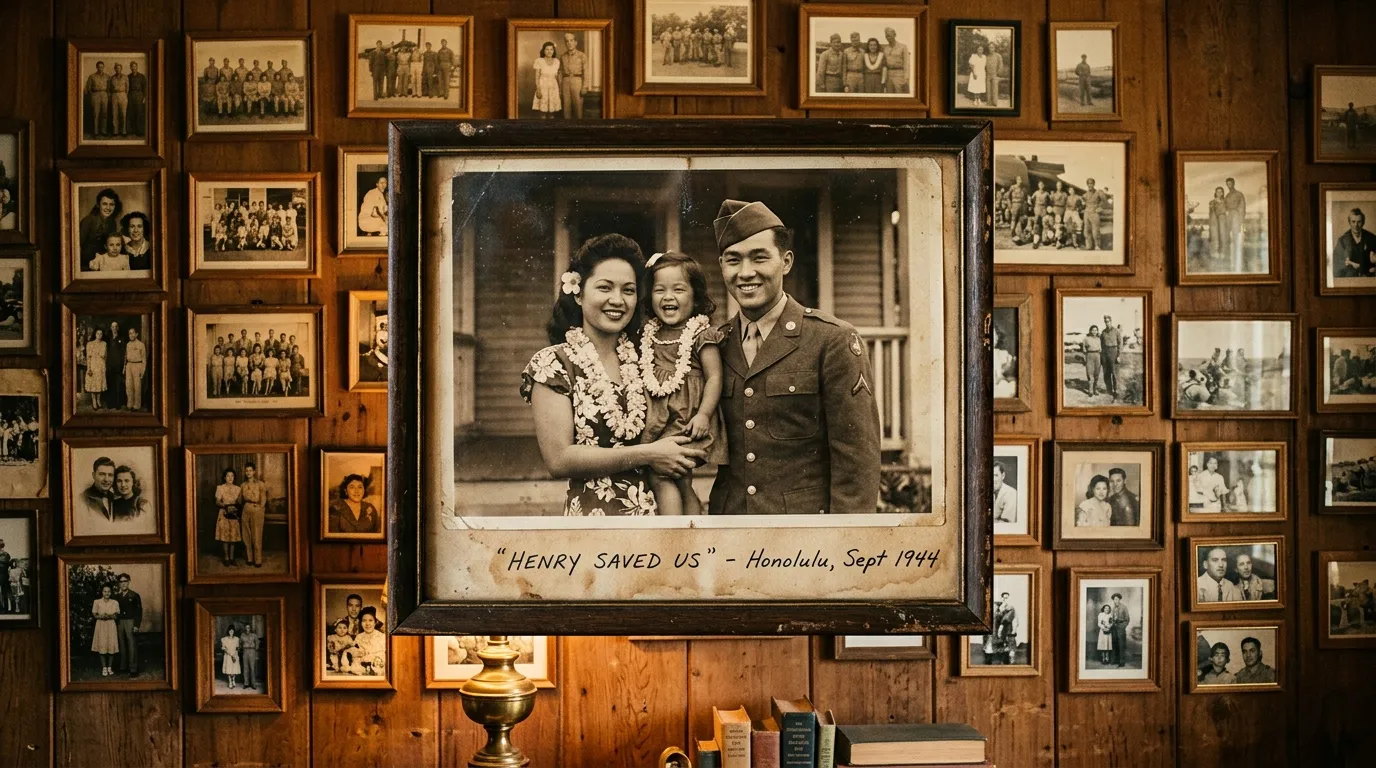 Archival wall covered in historic wartime photos with a framed picture reading Henry Saved Us