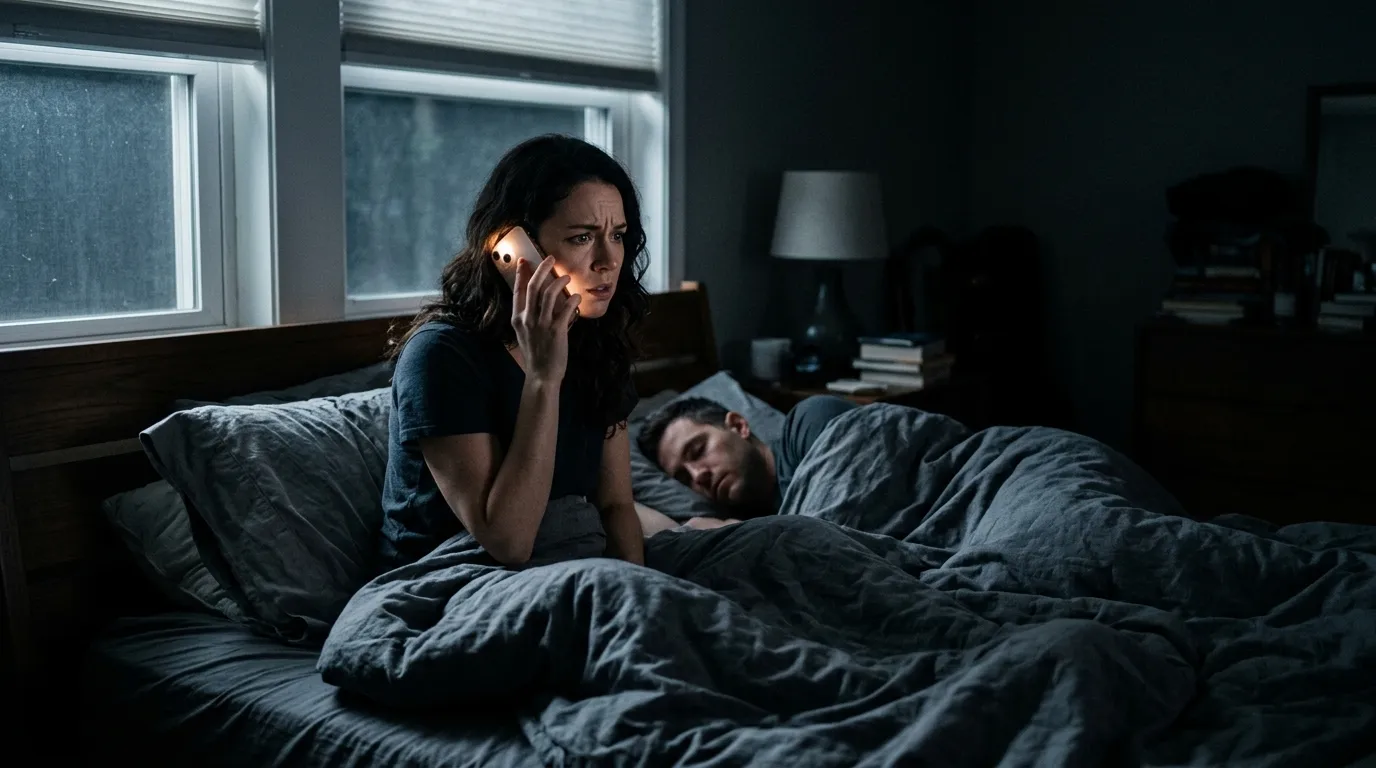 Concerned woman answering a phone call in a dark bedroom
