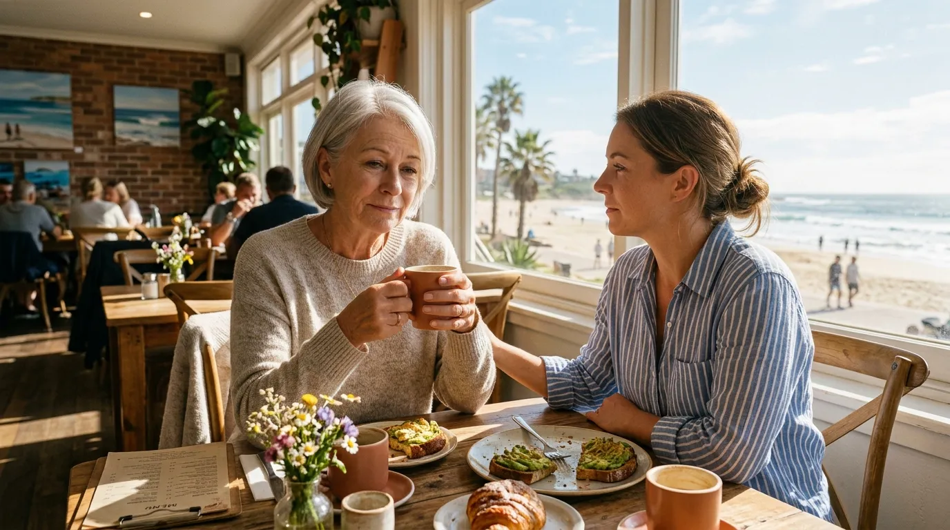 Two women having a serious conversation over coffee in a sunny cafe