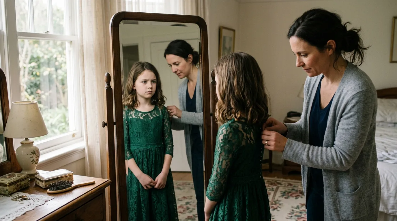 A mother and her 9-year-old daughter looking thoughtfully into a bedroom mirror while getting ready.