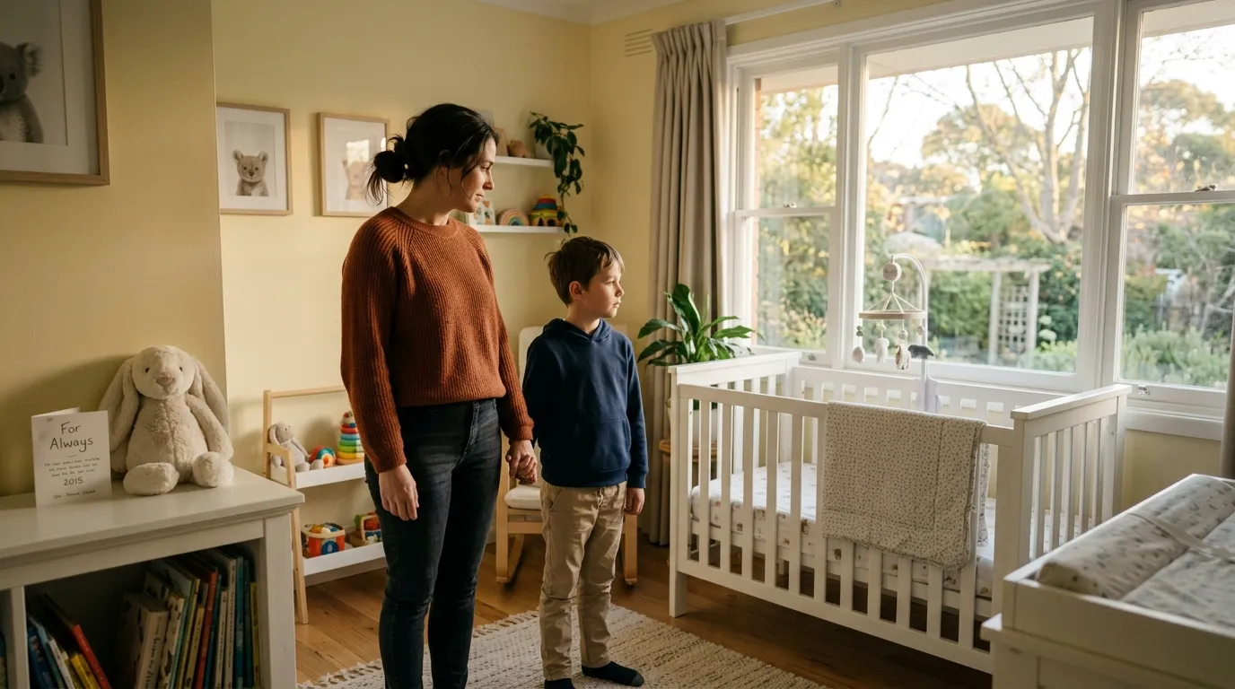 Mother and son standing together in a sunny, pale yellow nursery holding hands near a crib