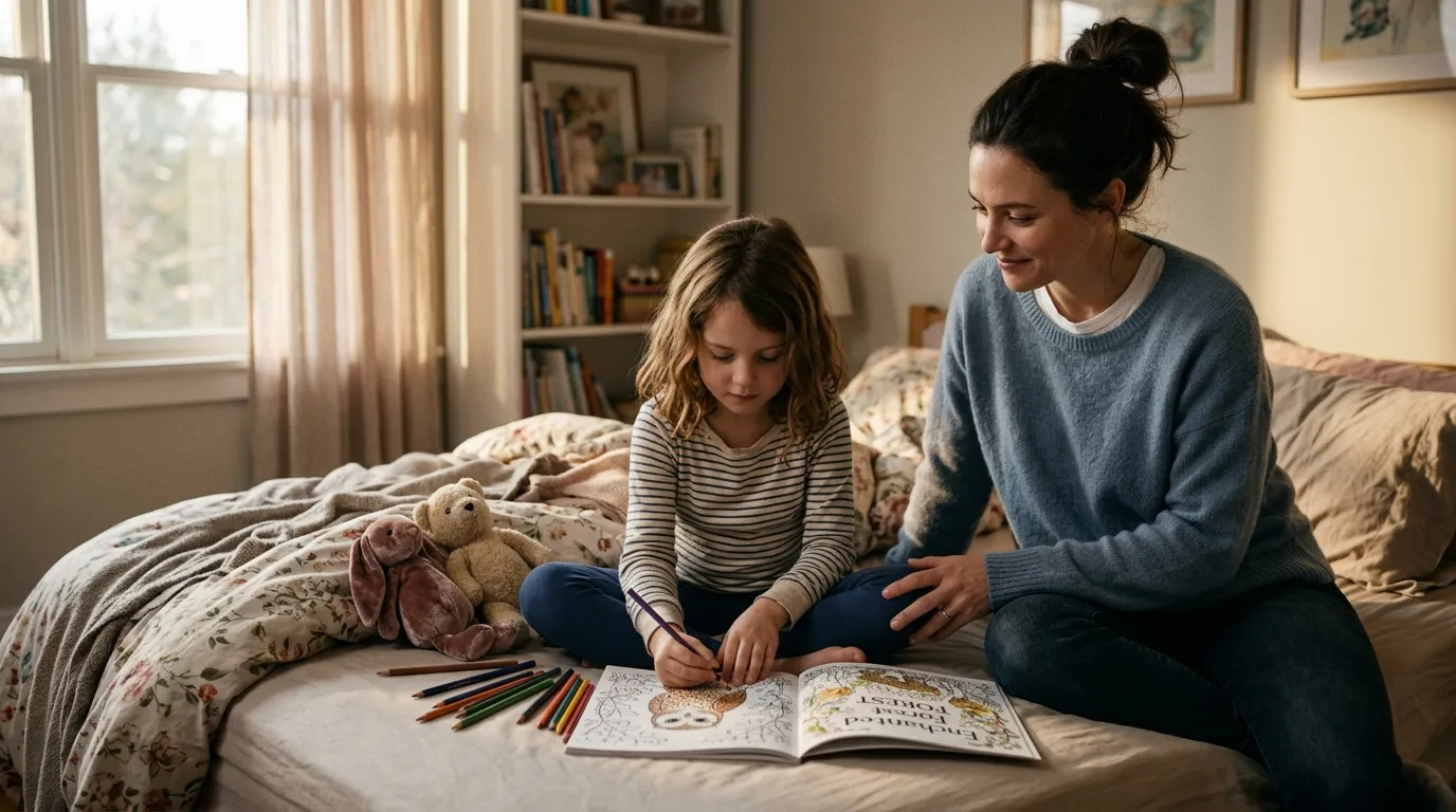 A loving mother sitting on the edge of a bed beside her eight-year-old daughter who is coloring in a book