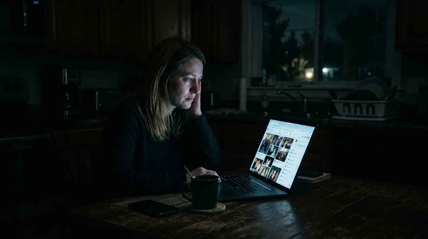 Hannah sitting alone at her dining table illuminated by her laptop screen as she pieces together evidence