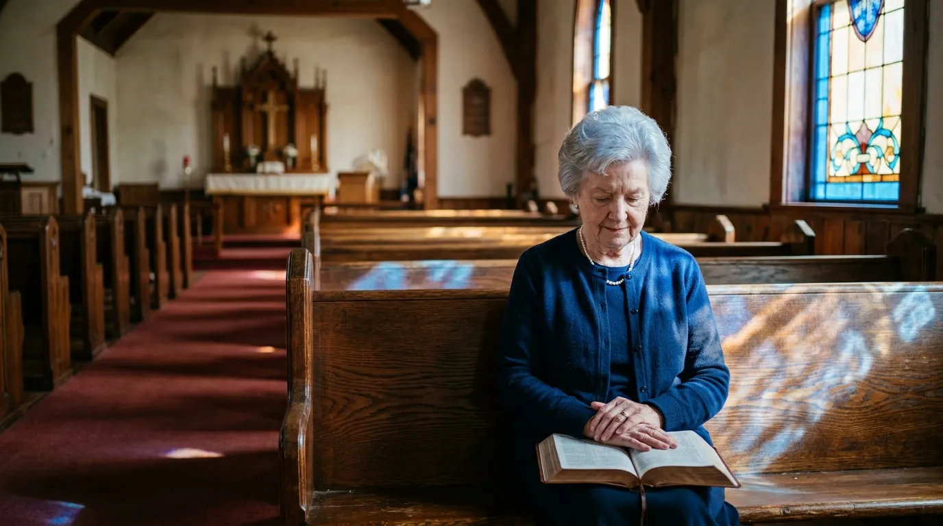 Elderly mother sitting alone in a sunlit church pew beside three empty spaces