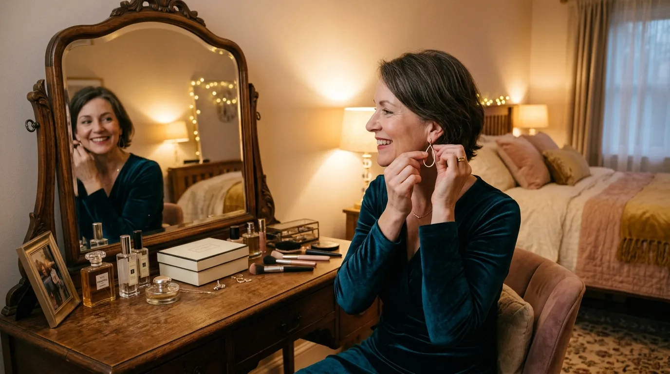 A smiling middle aged woman holding up gold earrings in front of a mirror