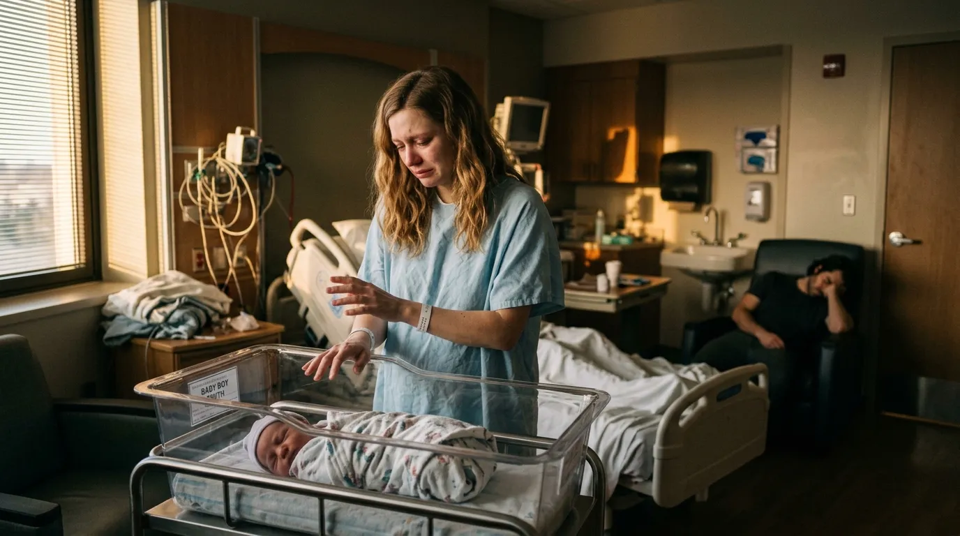 Mother standing beside a newborn bassinet in a dimly lit hospital room, hesitating to touch her baby