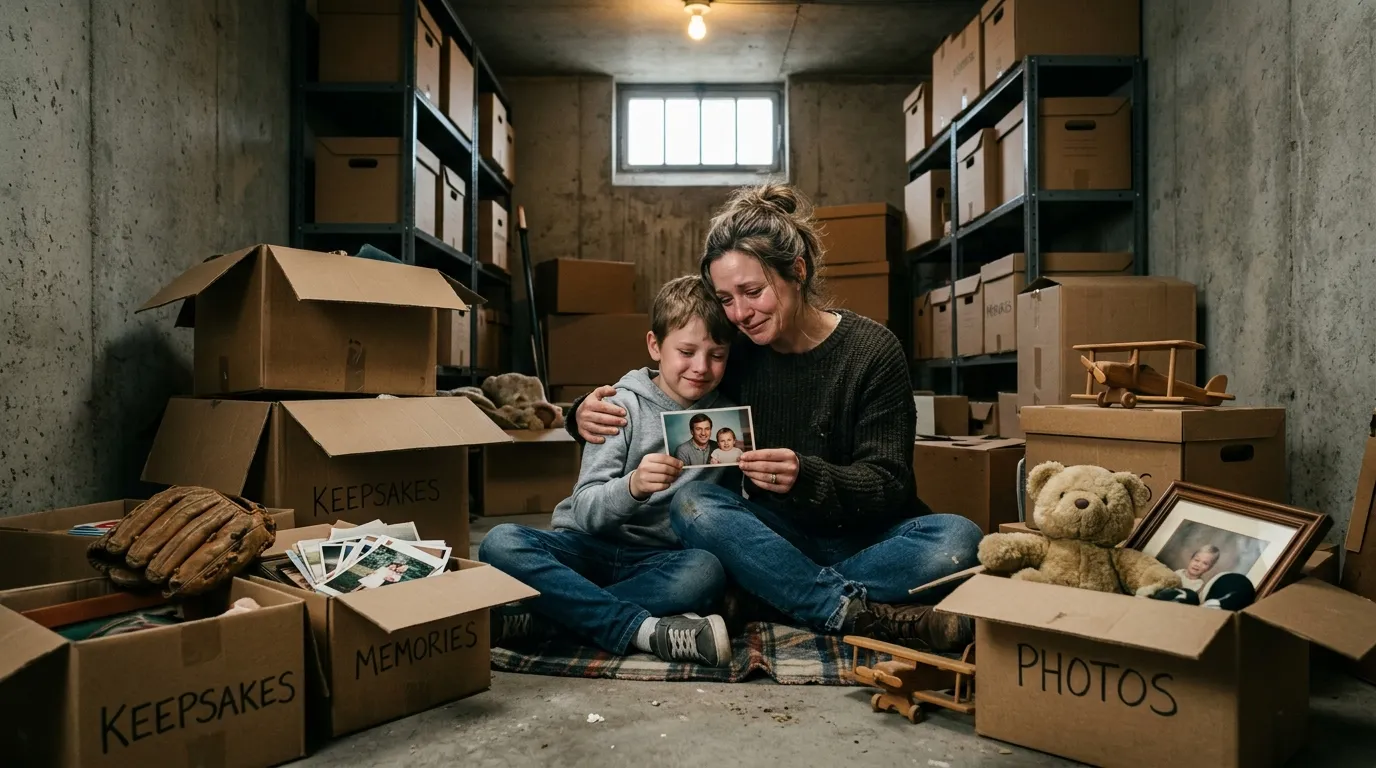 A mother and her young son sitting on a concrete floor opening boxes of old memories in a storage unit