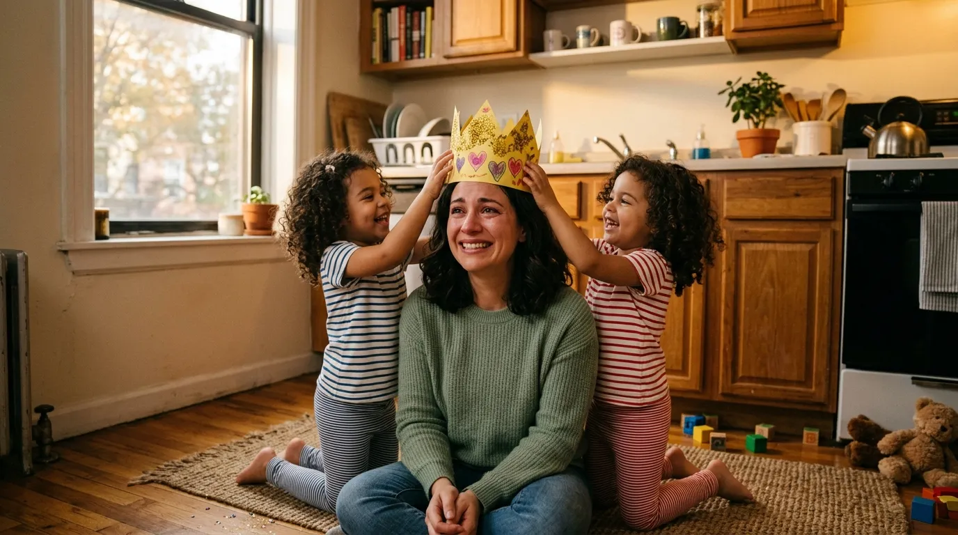A mother smiling through tears while her twin daughters place a homemade glitter paper crown on her head