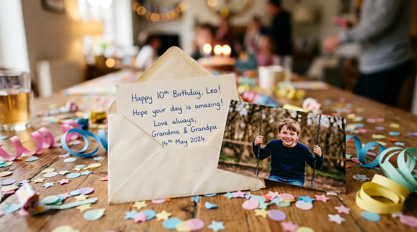 An open envelope revealing a handwritten note and a recent photograph on a birthday table