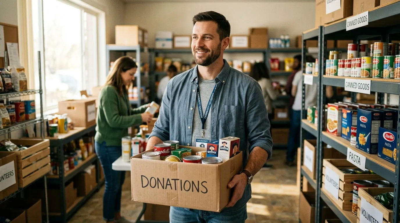 Nathan smiling gently while volunteering at a local charity center