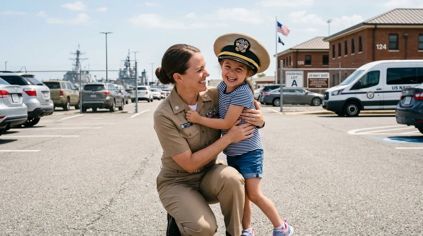 A Navy Commander hugging a little girl who is wearing an oversized Navy hat.