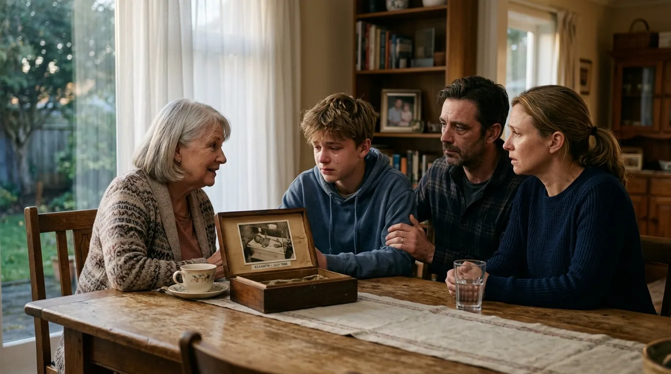 Retired neonatal nurse sitting with family around an oak table looking at a vintage newborn photograph