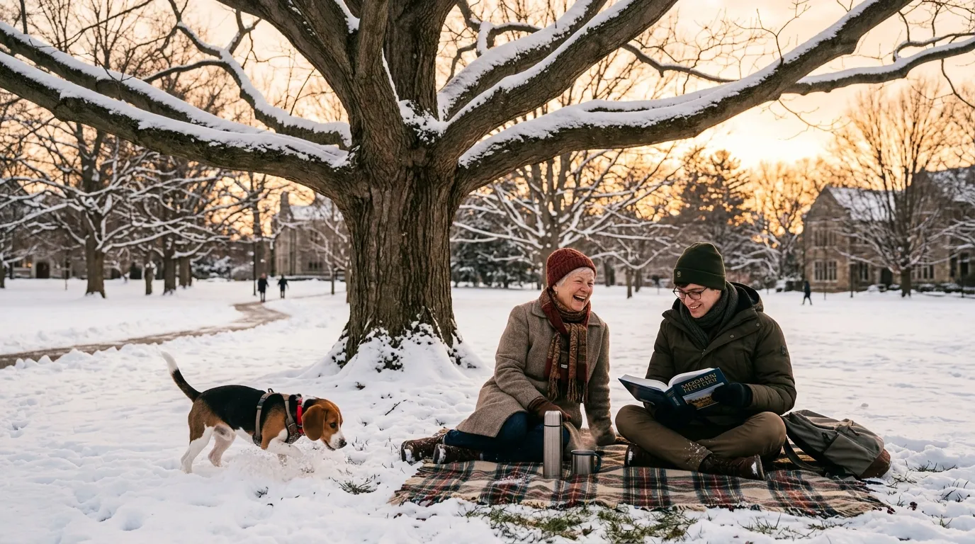 Young man and elderly woman laughing outside with a beagle puppy in the snow