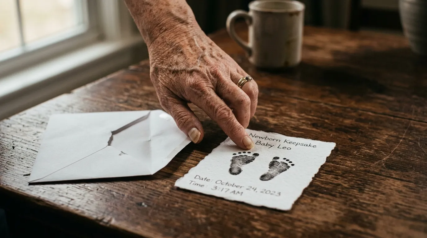Close-up of a white hospital keepsake card displaying two tiny baby footprints in black ink on a dark table