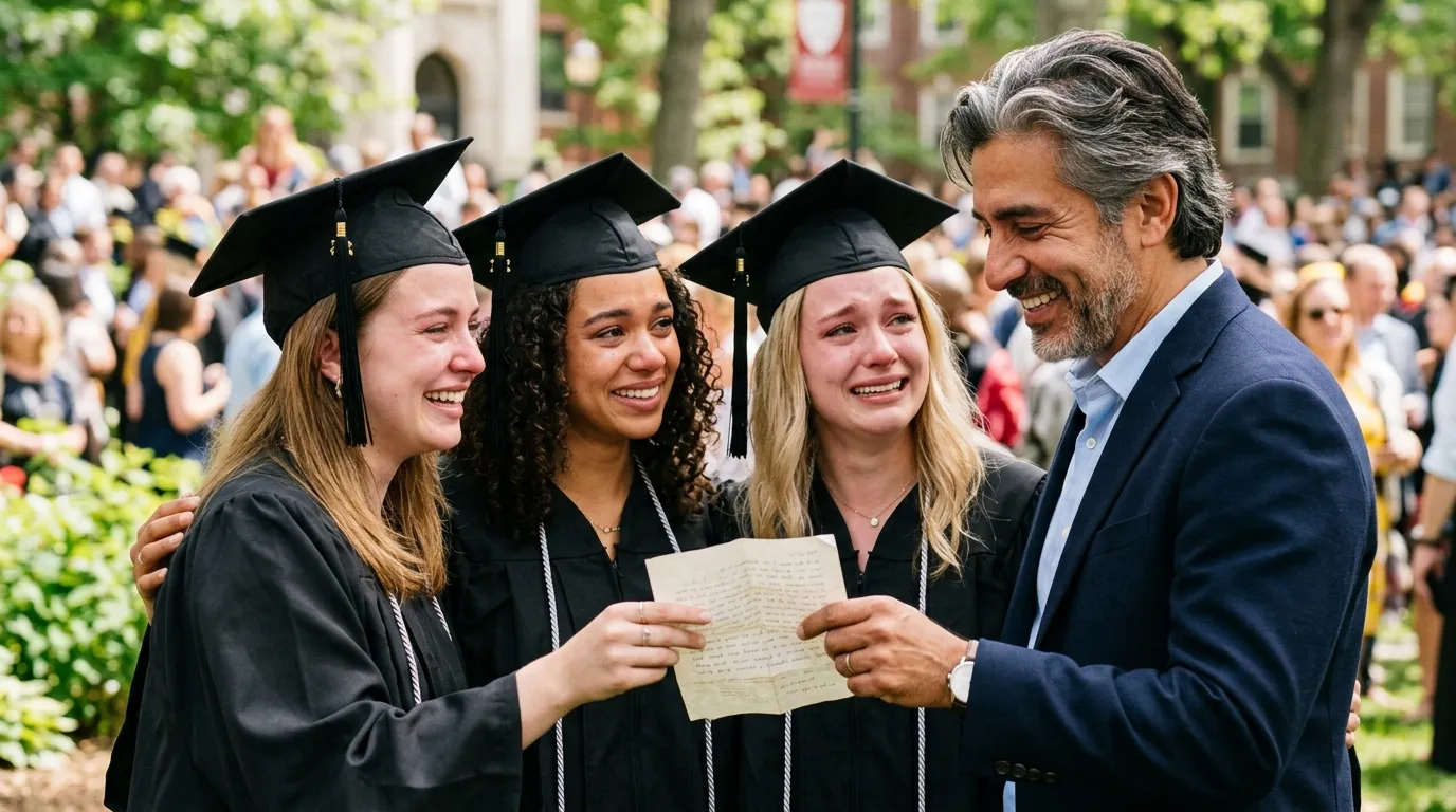 Three young women in graduation gowns handing a folded letter to an older man with silver hair