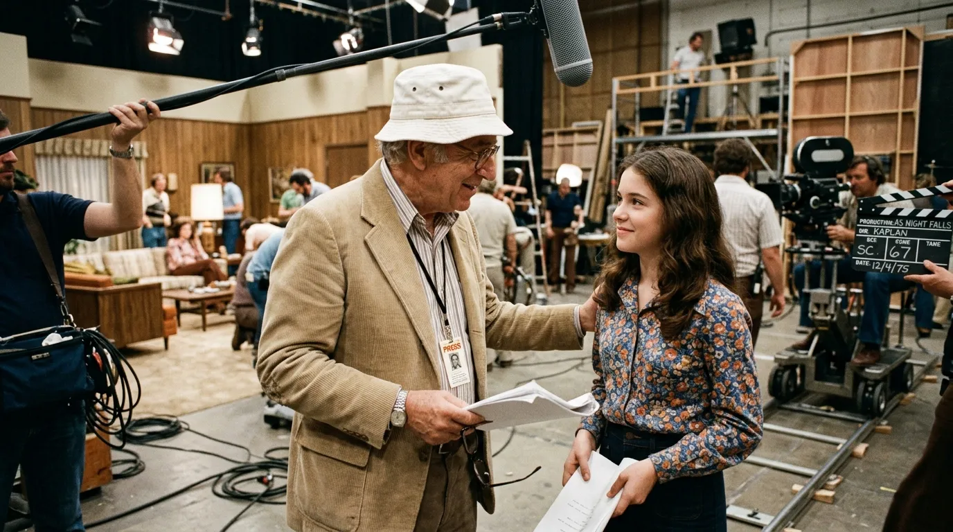Candid soundstage setting representing Norman Lear's supportive mentorship of young cast members