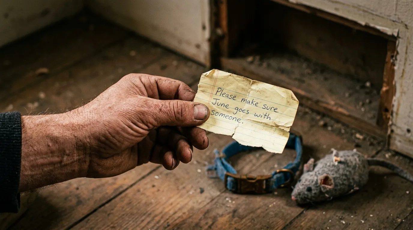 Close-up of a handwritten note saying Please make sure June goes with someone next to a frayed blue collar