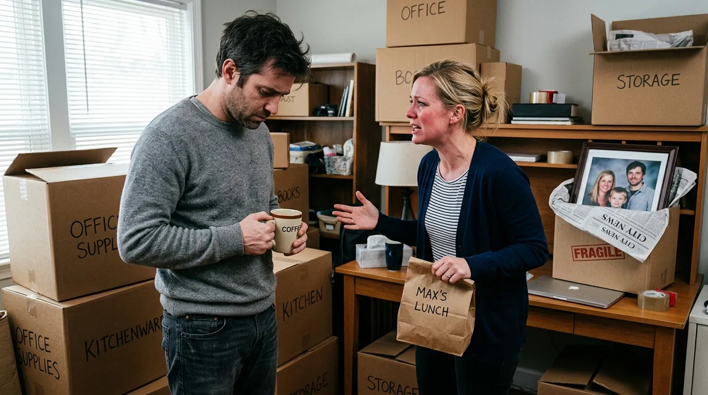 Husband and wife arguing in a half-packed home office