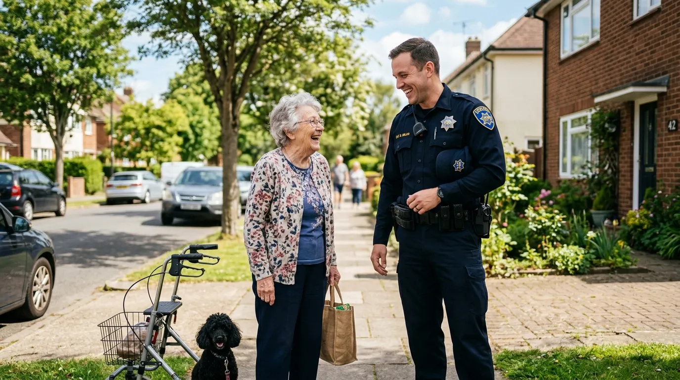 Police officer and elderly woman laughing together