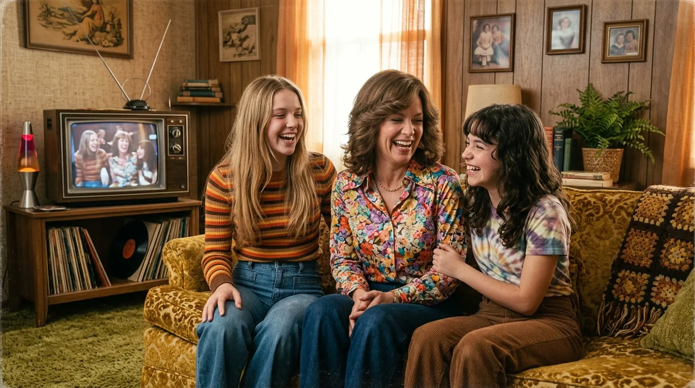 Warm ensemble vintage style image evoking the family bond of classic 1970s television