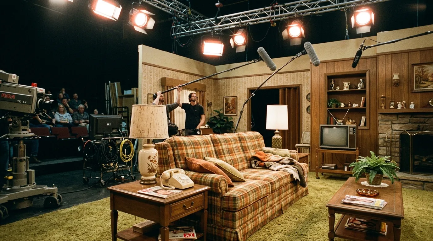 Recreation of a 1970s television sitcom apartment set with warm studio lighting