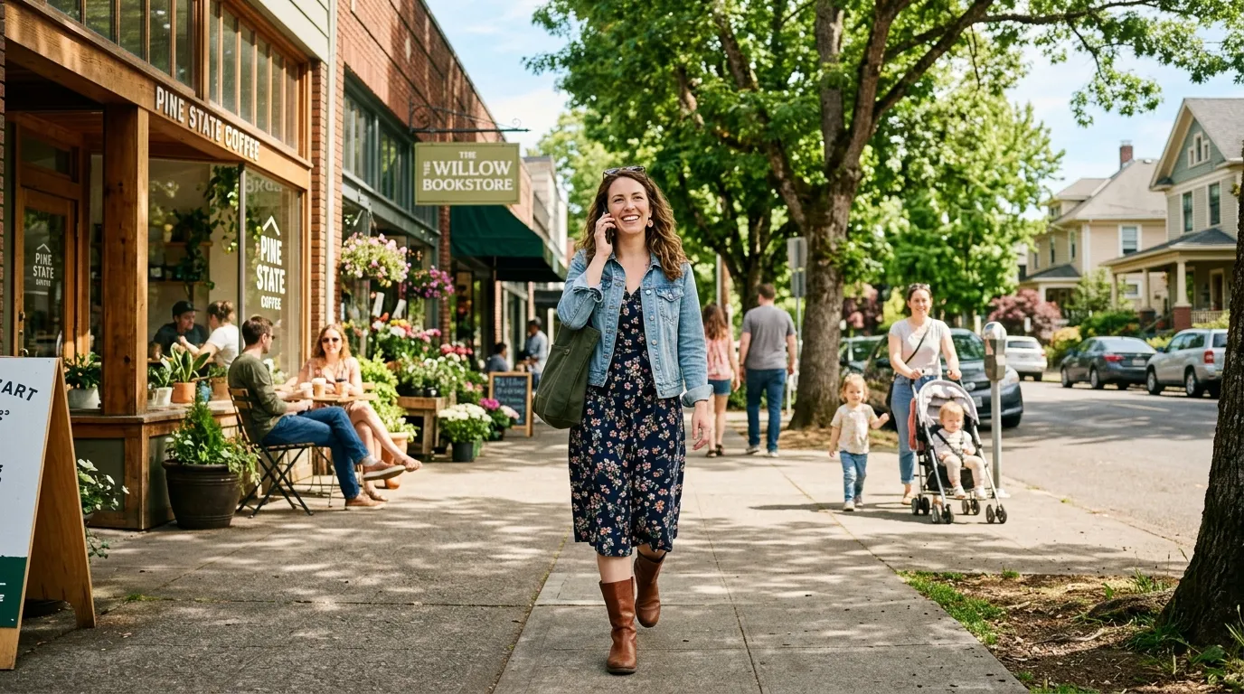 Woman walking and talking on her phone in a sunny, tree-lined neighborhood