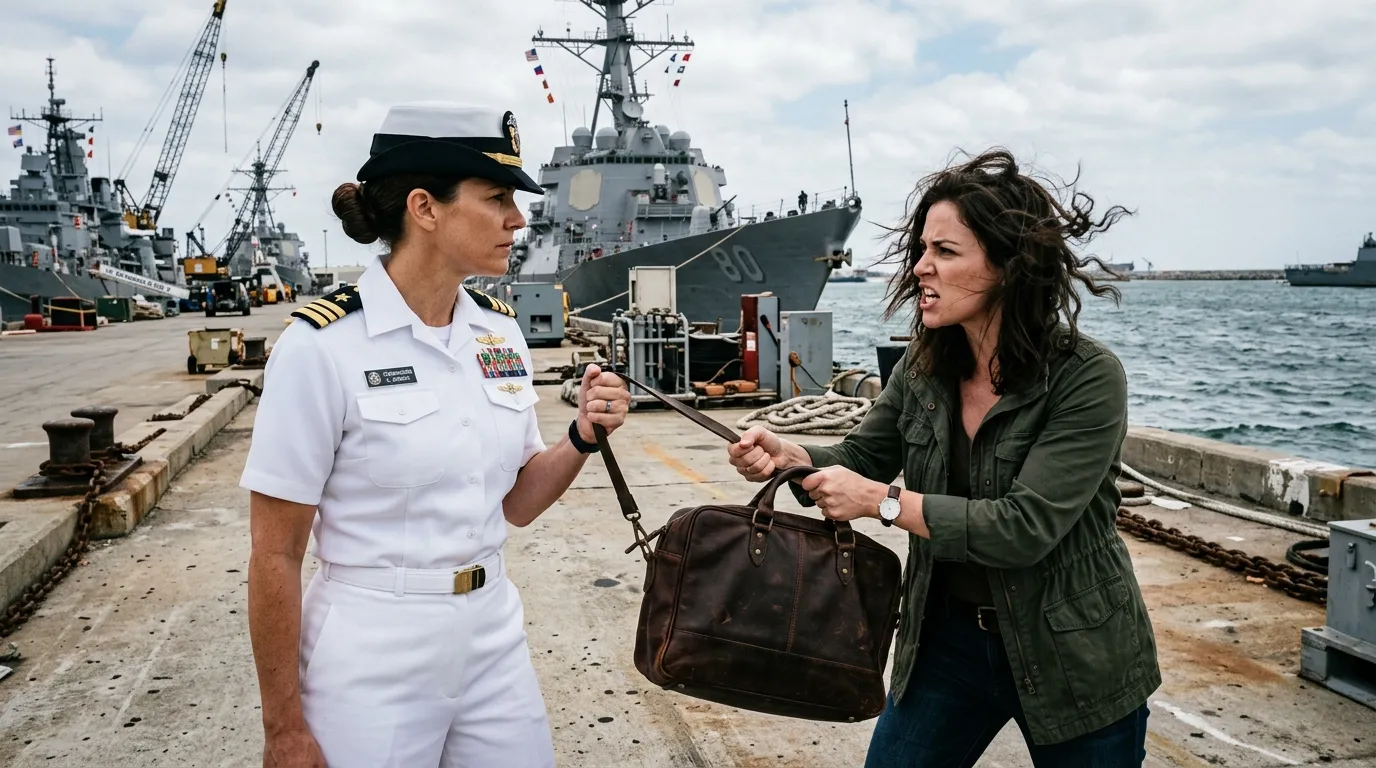 A tense confrontation on a naval pier between a Navy Commander and an angry civilian woman.