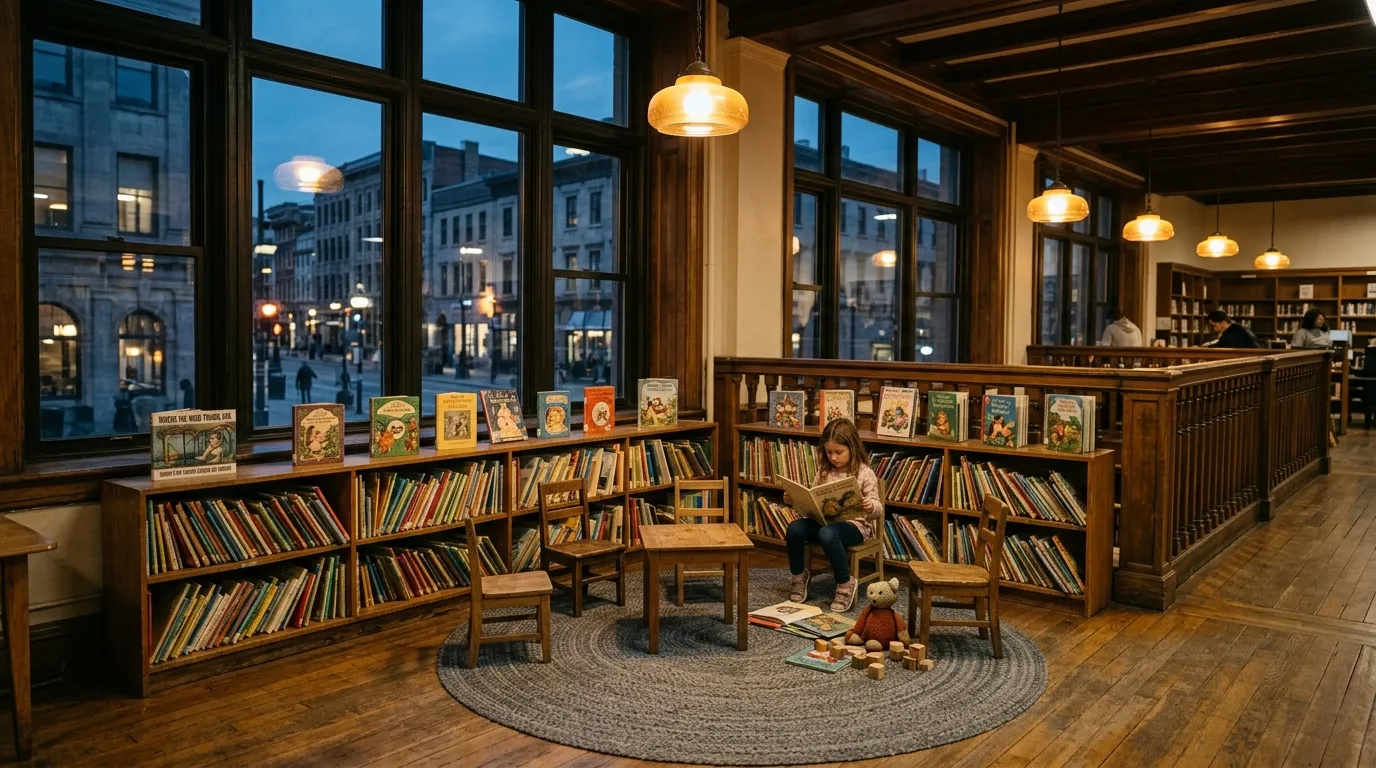 Adults sitting at miniature wooden tables in a cozy, sunlit children's library section.