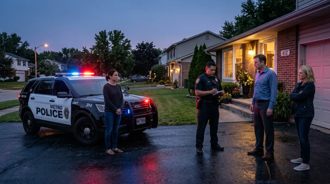 Police officer questioning Claire, Mark, and Diane outside their home