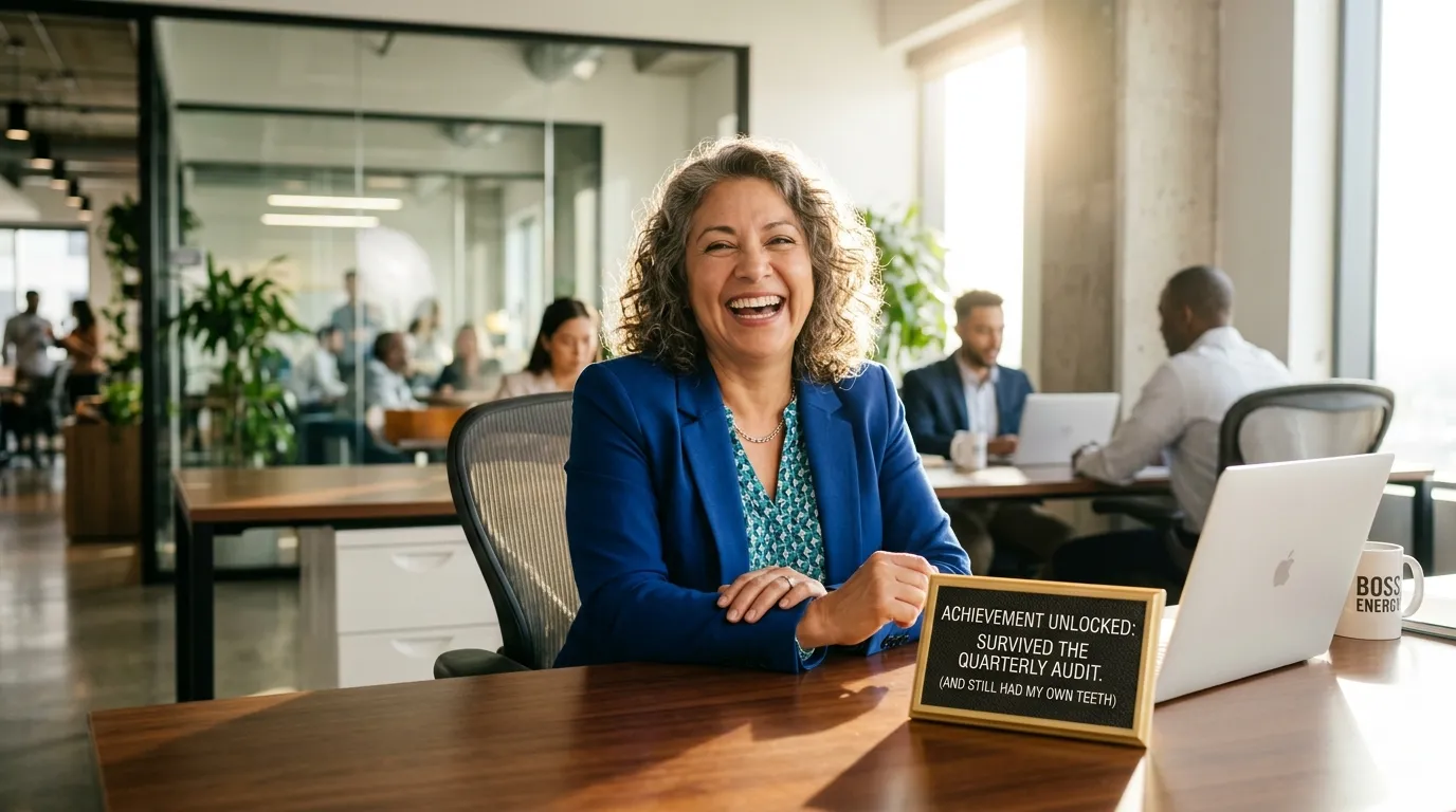 A confident woman sitting at a desk in a bright new office with a funny plastic plaque