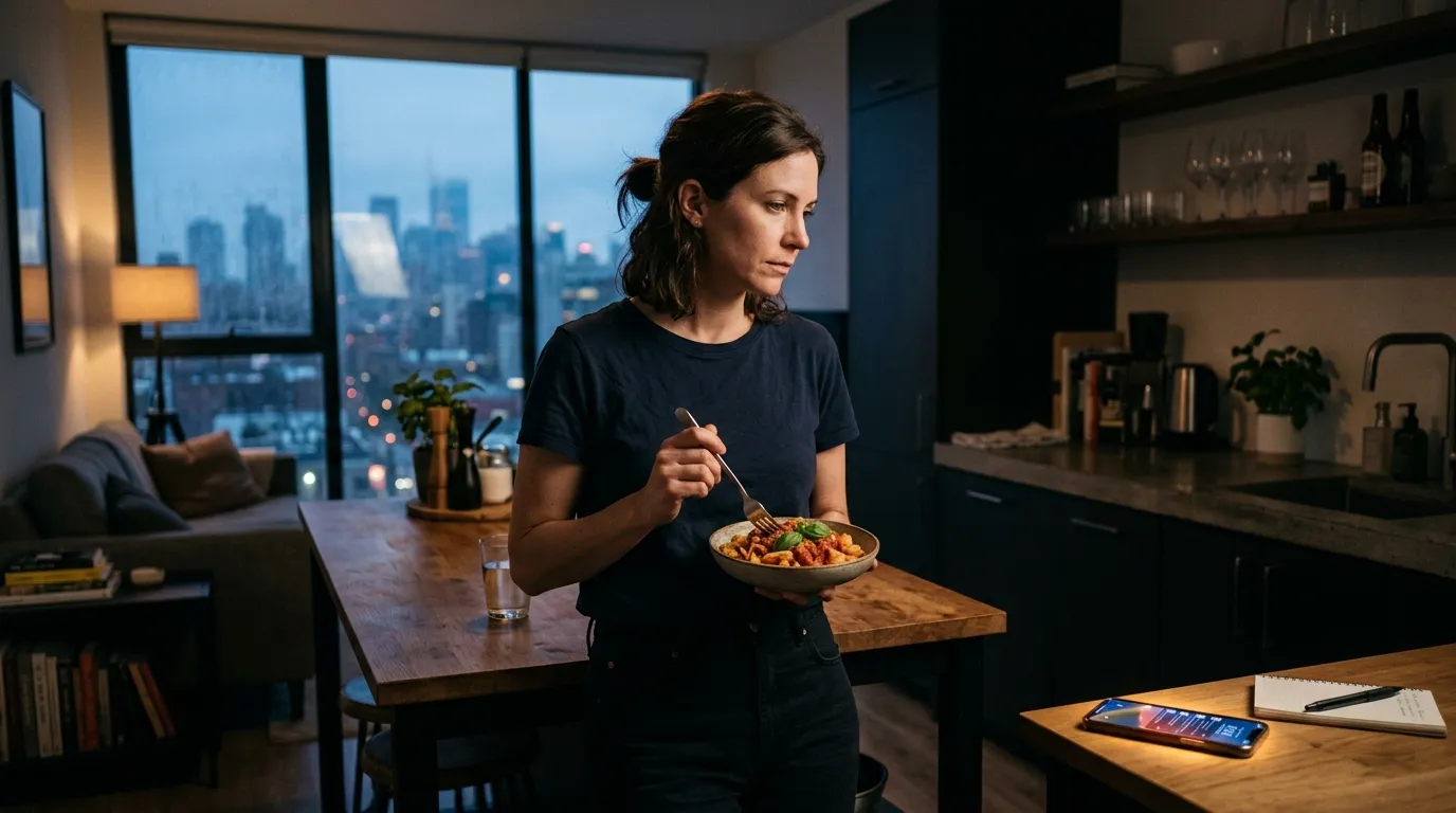 A woman eating alone in a dimly lit modern apartment at night.